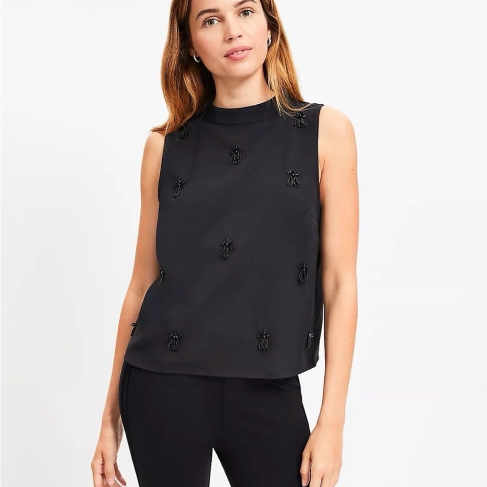 LOFT Black Fringe Beaded Sleeveless Mock Neck Top